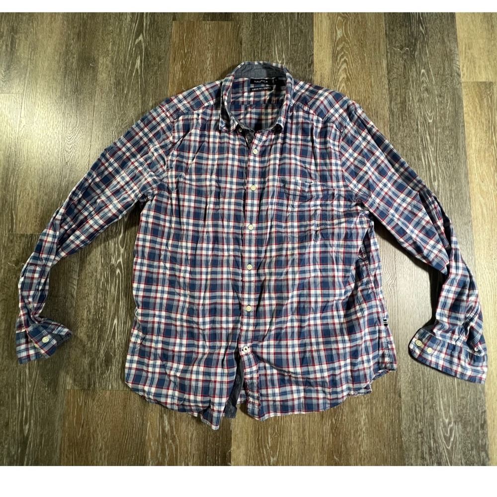 Nautica Button Down Shirt Mens XL Blue Red Plaid Classic Fit Stretch Long Sleeve